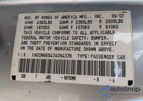 2007 Honda Accord 3.0 Ex from USA, damaged, VIN 1HGCM66547A094378